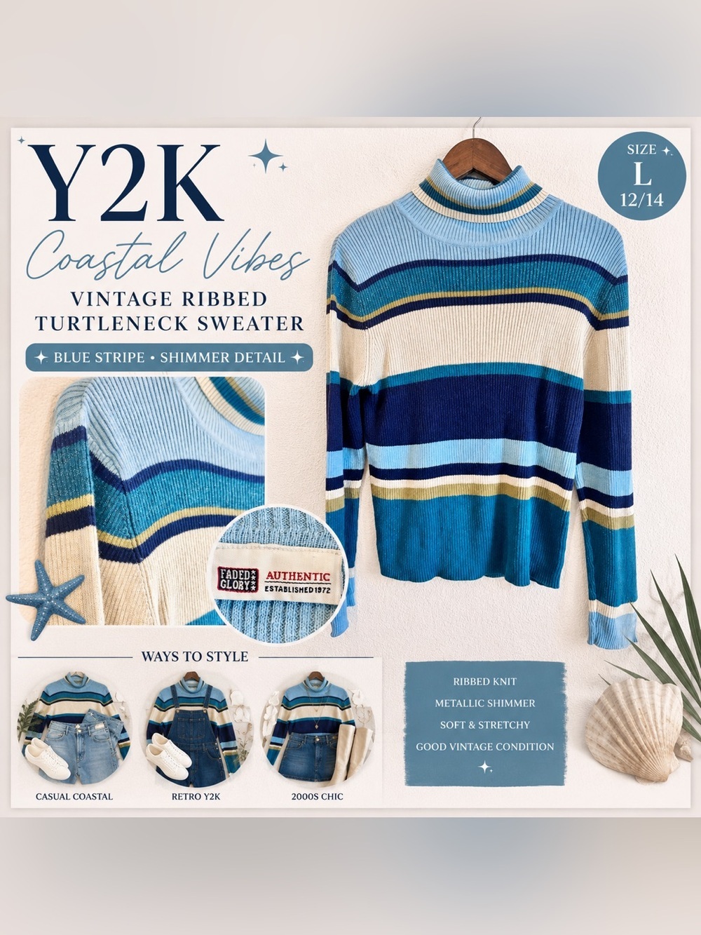 Faded Glory Y2K Coastal Grandmother Ribbed Turtleneck Sweater Stripe L F05